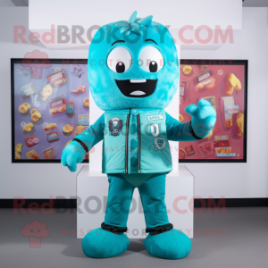Turquoise Candy Box mascot costume character dressed with a Bomber Jacket and Scarf clips