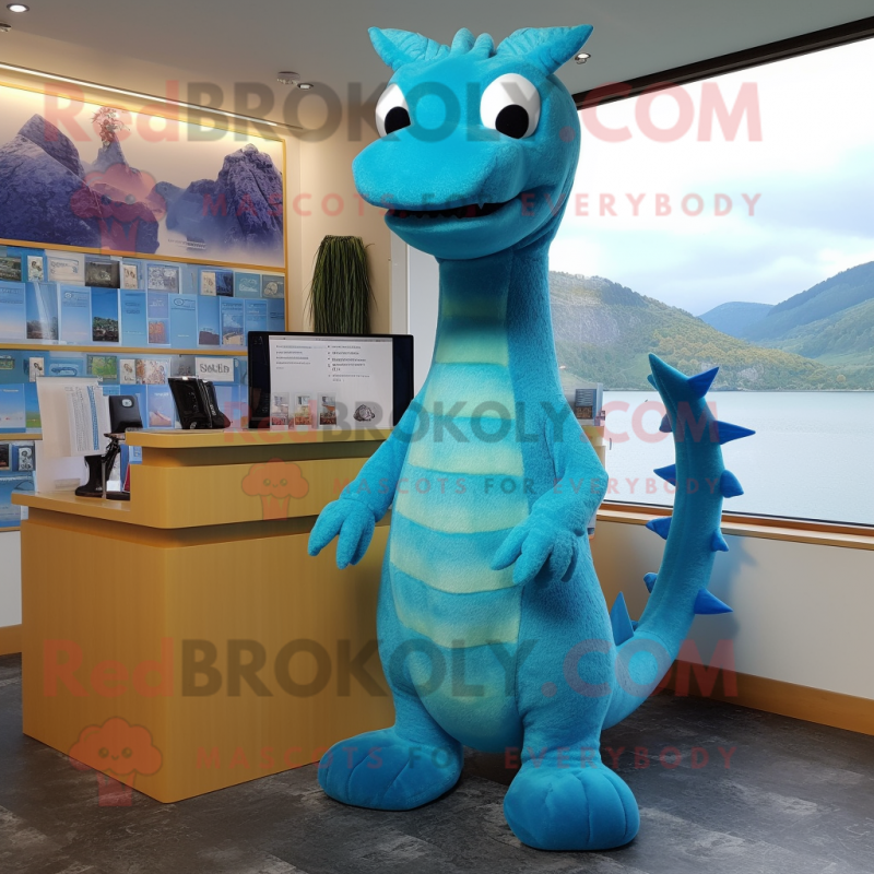 Sky Blue Loch Ness Monster mascot costume character dressed with a ...