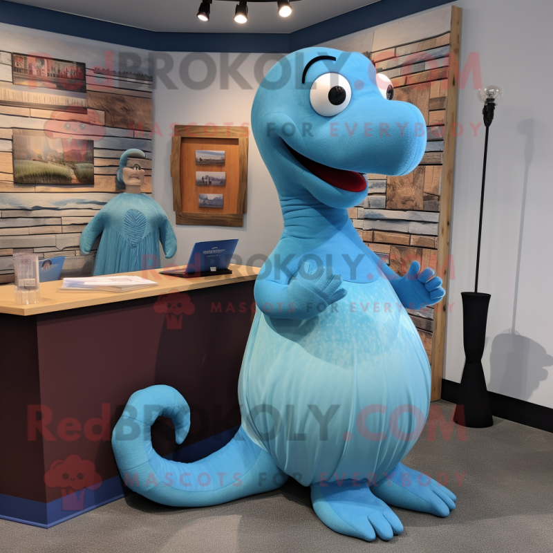 Sky Blue Loch Ness Monster mascot costume character dressed with a ...