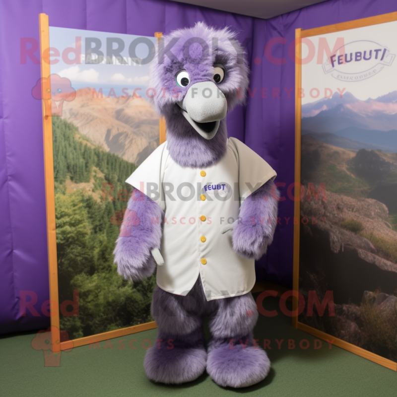 Lavender Emu mascot costume character dressed with a Henley Shirt and Cufflinks