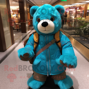 Turquoise Bear mascot costume character dressed with a Jacket and Backpacks