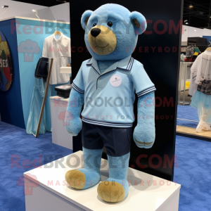 Sky Blue Teddy Bear mascot costume character dressed with a Board Shorts and Cufflinks