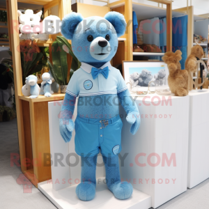 Sky Blue Teddy Bear mascot costume character dressed with a Board Shorts and Cufflinks
