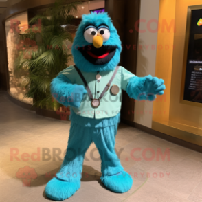 Turquoise Paella mascot costume character dressed with a Corduroy Pants and Digital watches