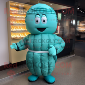 Cyan Dim Sum mascot costume character dressed with a Rash Guard and Mittens