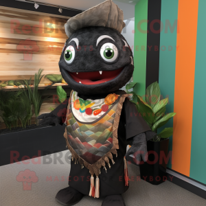 Black Fish Tacos mascot costume character dressed with a Waistcoat and Headbands