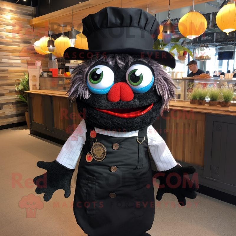 Black Fish Tacos mascot costume character dressed with a Waistcoat and Headbands