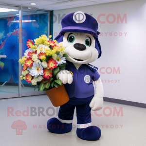 Navy Bouquet Of Flowers mascot costume character dressed with a Baseball Tee and Briefcases