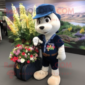 Navy Bouquet Of Flowers mascot costume character dressed with a Baseball Tee and Briefcases