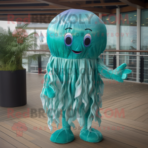 Teal Jellyfish mascot costume character dressed with a Playsuit and Wraps