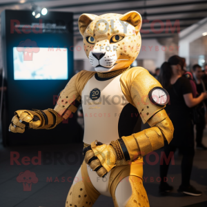 Gold Jaguar mascot costume character dressed with a Empire Waist Dress and Smartwatches