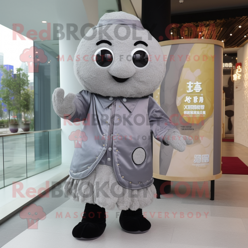 Gray Dim Sum mascot costume character dressed with a Dress Shirt and Coin purses