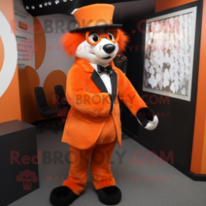 Orange Skunk mascot costume character dressed with a Suit and Berets