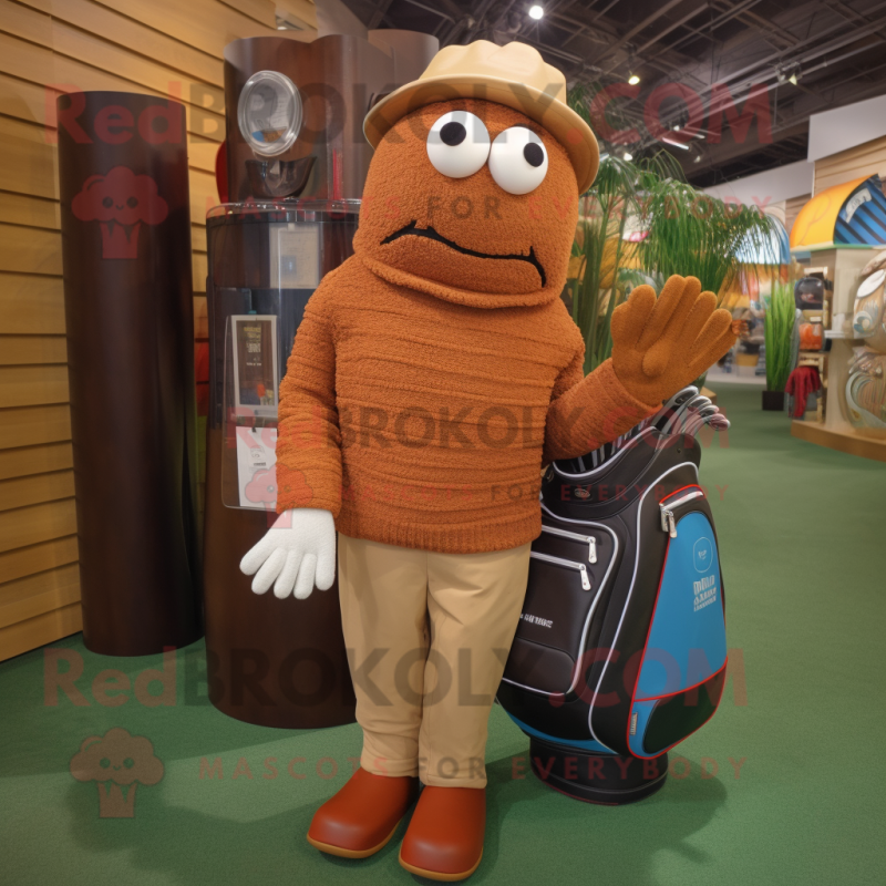 Rust Golf Bag mascot costume character dressed with a Sweater and Bracelets