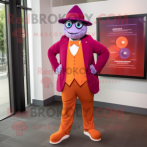 Magenta Orange mascot costume character dressed with a Suit Jacket and Suspenders