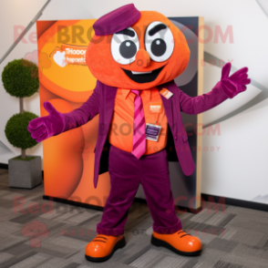 Magenta Orange mascot costume character dressed with a Suit Jacket and Suspenders