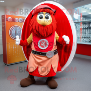 Red Celtic Shield mascot costume character dressed with a Wrap Skirt and Scarf clips