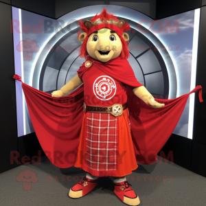 Red Celtic Shield mascot costume character dressed with a Wrap Skirt and Scarf clips