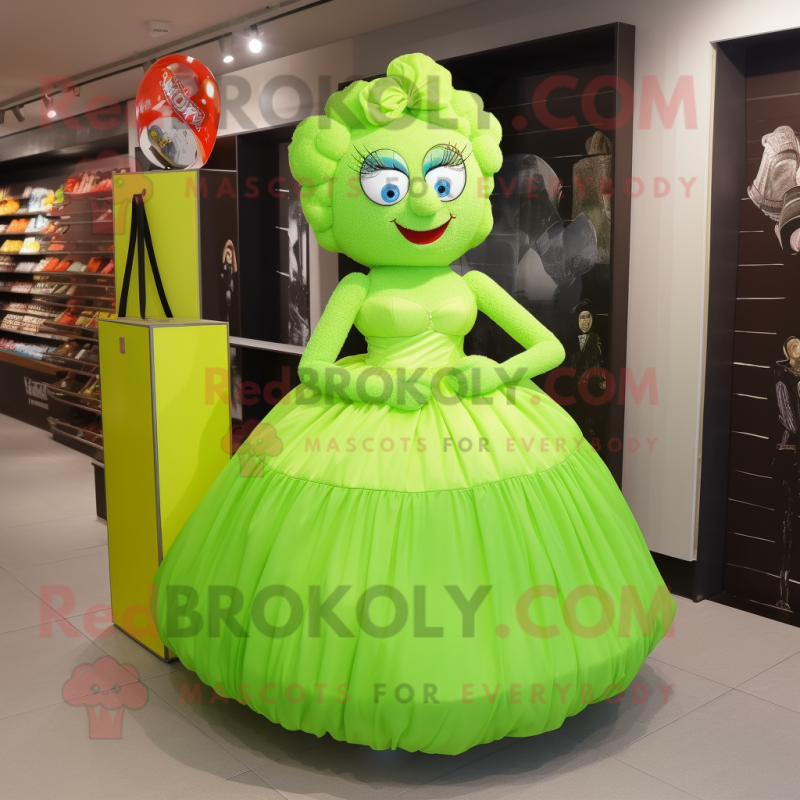 Lime Green Candy Box mascot costume character dressed with a Ball Gown and Handbags