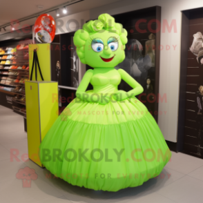 Lime Green Candy Box mascot costume character dressed with a Ball Gown and Handbags