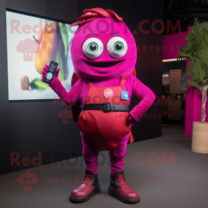 Magenta Tacos mascot costume character dressed with a Skinny Jeans and Smartwatches