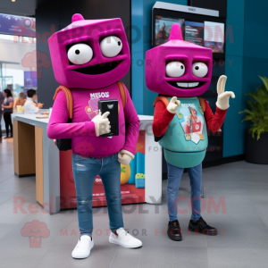Magenta Tacos mascot costume character dressed with a Skinny Jeans and Smartwatches