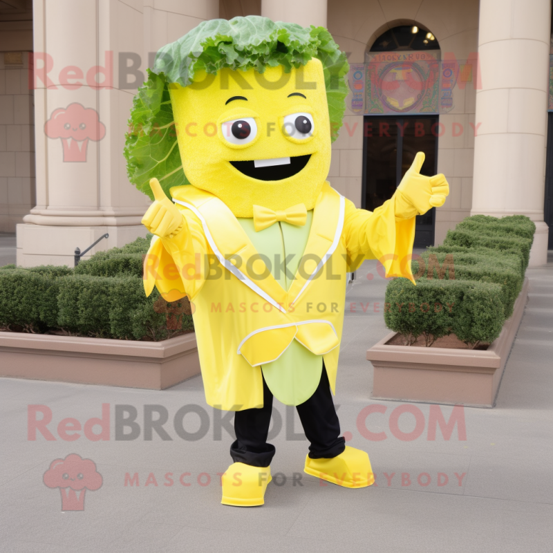 Lemon Yellow Caesar Salad mascot costume character dressed with a Suit Jacket and Shoe clips