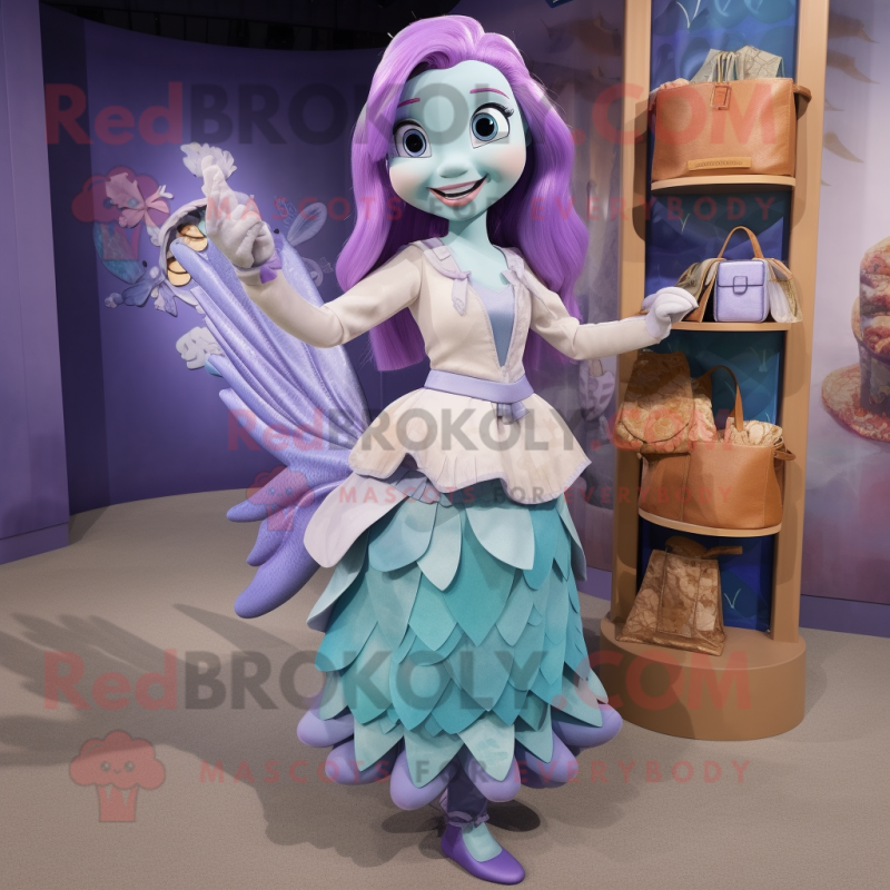 Lavender Mermaid mascot costume character dressed with a Mini Skirt and Coin purses