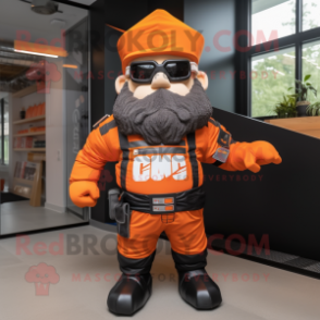 Orange Commando mascot costume character dressed with a Biker Jacket and Hair clips