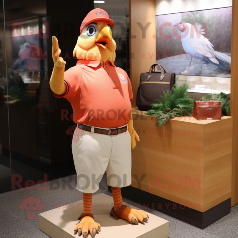 Peach Pheasant mascot costume character dressed with a Polo Shirt and Keychains