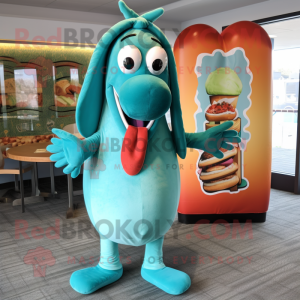 Turkoois hotdog mascotte...