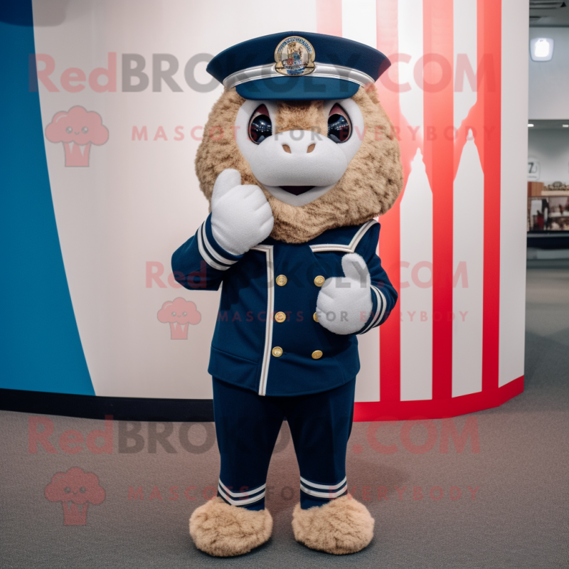 Navy Pop Corn mascot costume character dressed with a Corduroy Pants and Bracelets