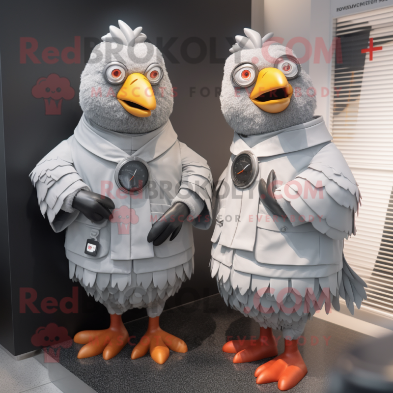 Gray Tandoori Chicken mascot costume character dressed with a Raincoat and Smartwatches