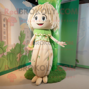 Beige Beanstalk mascot costume character dressed with a Mini Skirt and Hair clips