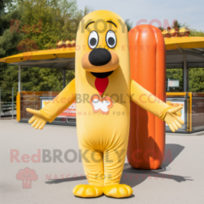 Gold Hot Dogs mascot costume character dressed with a Trousers and Earrings