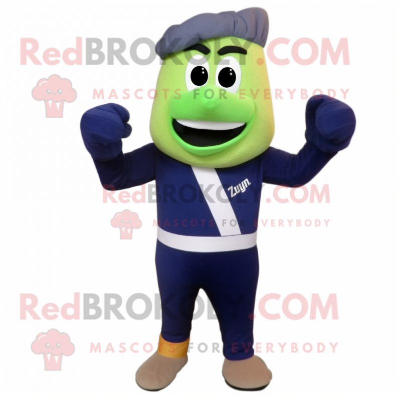 Navy Zucchini mascot costume character dressed with a Joggers and Mittens