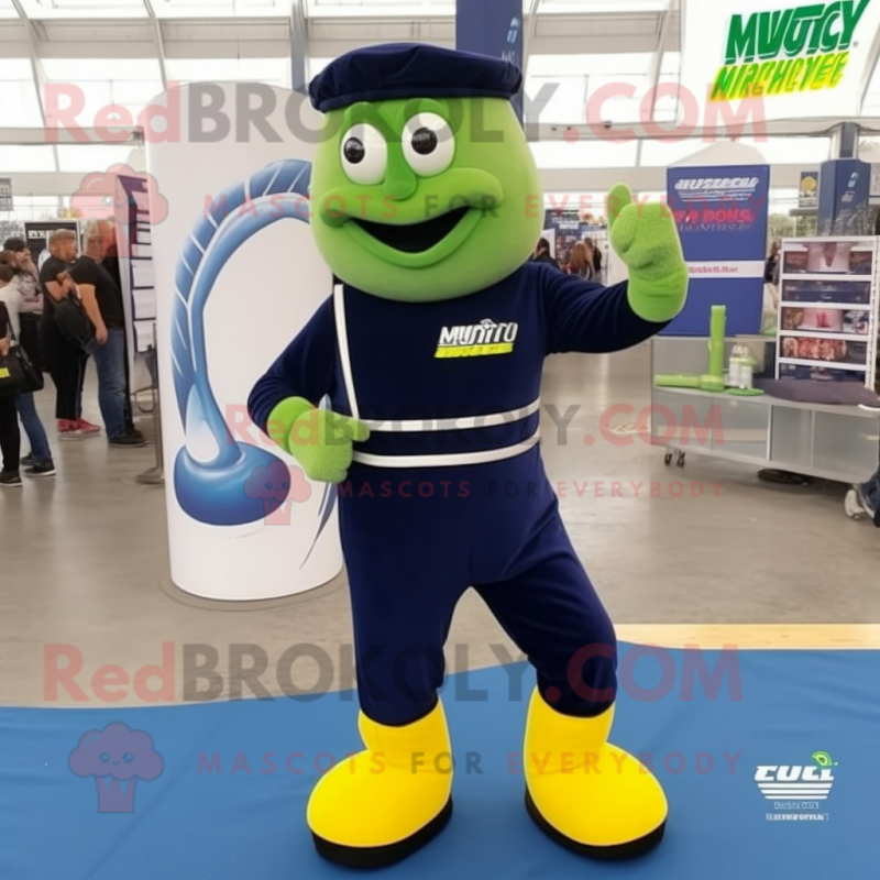 Navy Zucchini mascot costume character dressed with a Joggers and Mittens