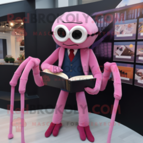 Pink Spider mascot costume character dressed with a Blazer and Reading glasses