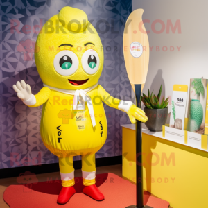 Lemon Yellow Miso Soup mascot costume character dressed with a Swimwear and Mittens