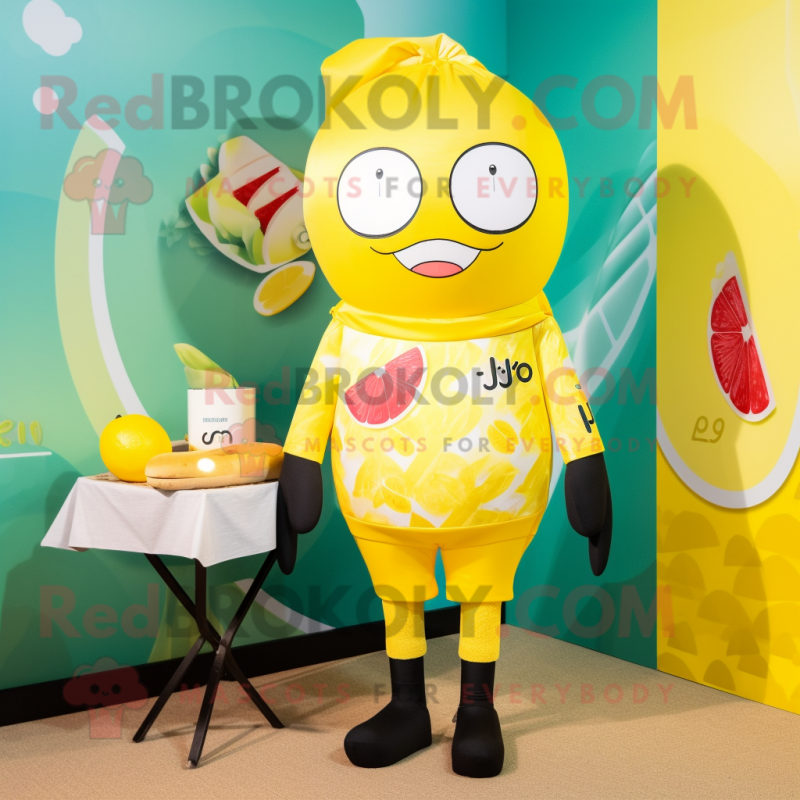 Lemon Yellow Miso Soup mascot costume character dressed with a Swimwear and Mittens