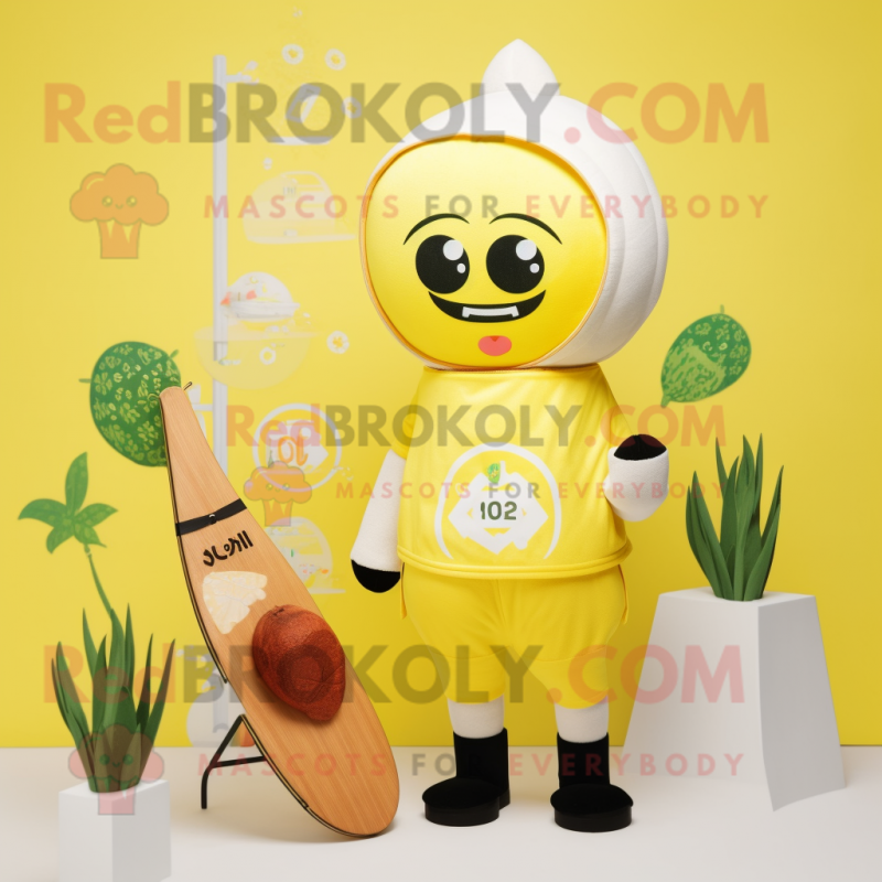 Lemon Yellow Miso Soup mascot costume character dressed with a Swimwear and Mittens