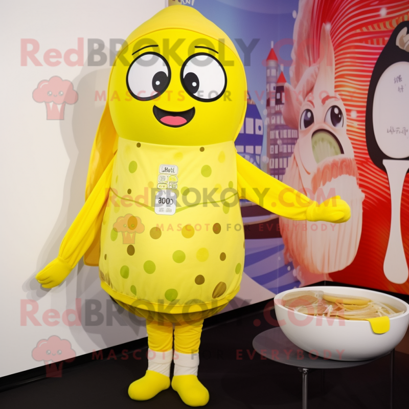 Lemon Yellow Miso Soup mascot costume character dressed with a Swimwear and Mittens