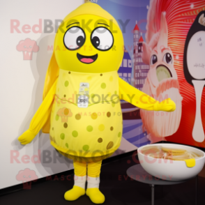 Lemon Yellow Miso Soup mascot costume character dressed with a Swimwear and Mittens