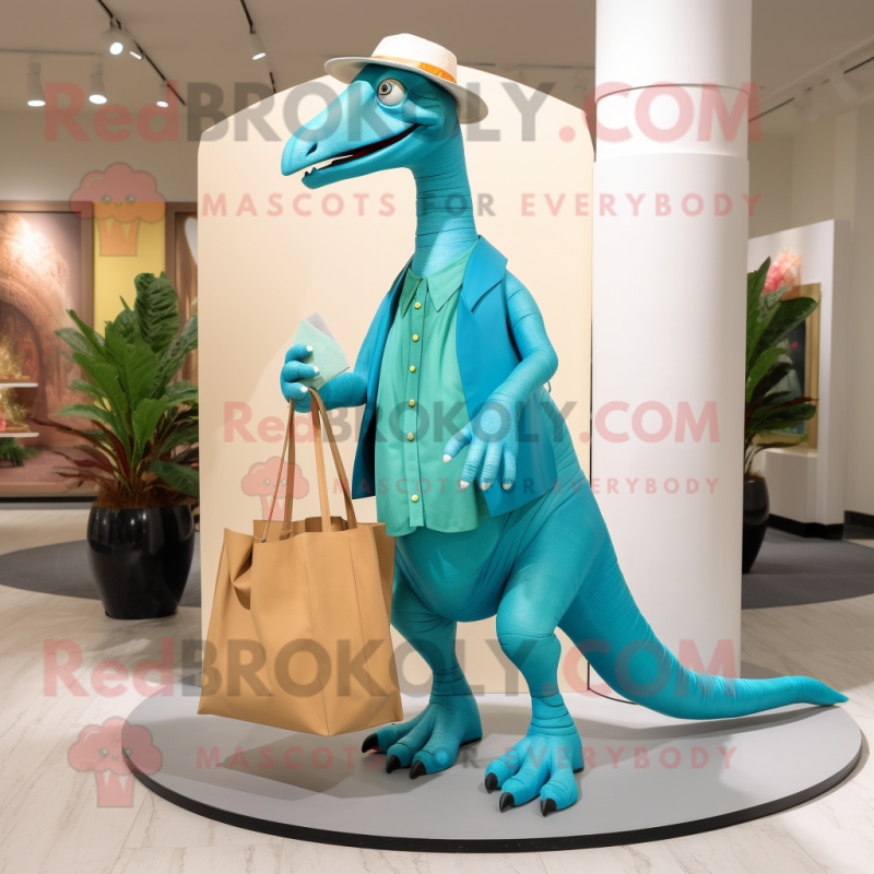 Cyan Parasaurolophus mascot costume character dressed with a Long Sleeve Tee and Handbags