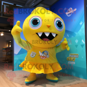 Yellow Ceviche mascot costume character dressed with a Bodysuit and Keychains