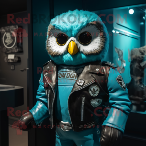 Teal Owl mascot costume character dressed with a Biker Jacket and Belts