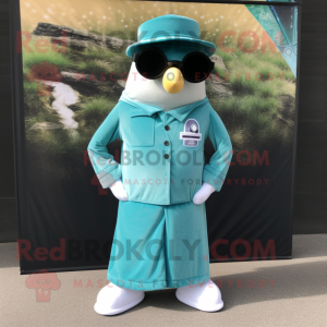 Teal Beef Stroganoff mascot costume character dressed with a Empire Waist Dress and Sunglasses