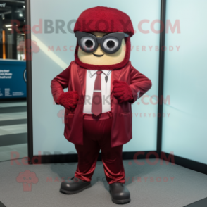 Maroon Shakshuka mascot costume character dressed with a Suit Jacket and Eyeglasses