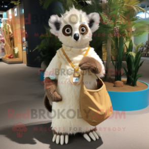 Cream Lemur mascot costume character dressed with a Wrap Dress and Tote bags