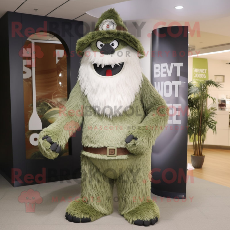 Olive Yeti mascot costume character dressed with a Sheath Dress and Hats
